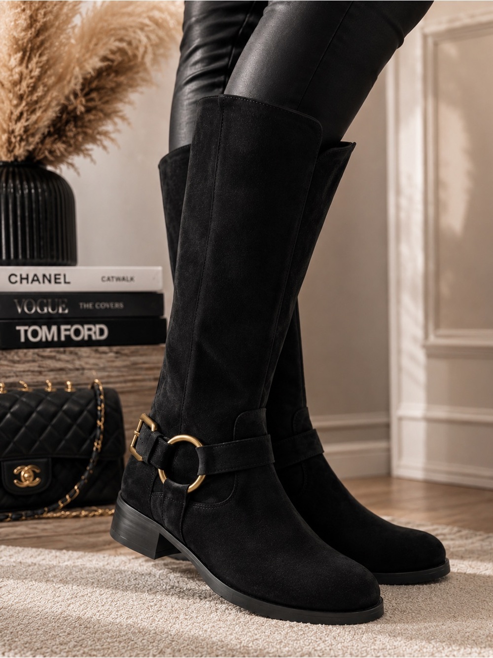 Donald J. Pliner Bole Black Suede Tall Moto Riding Boot